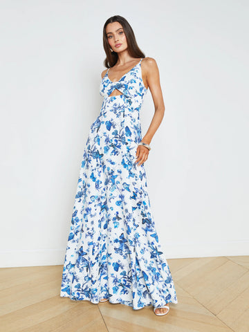 L’AGENCE - Porter Twist-Front Dress - White/Blue Tonal Butterflies