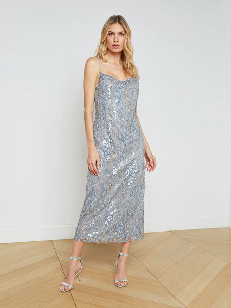 L’AGENCE - Achilles Sequinned Slip Dress - Silver/Blue Abstract Sequin