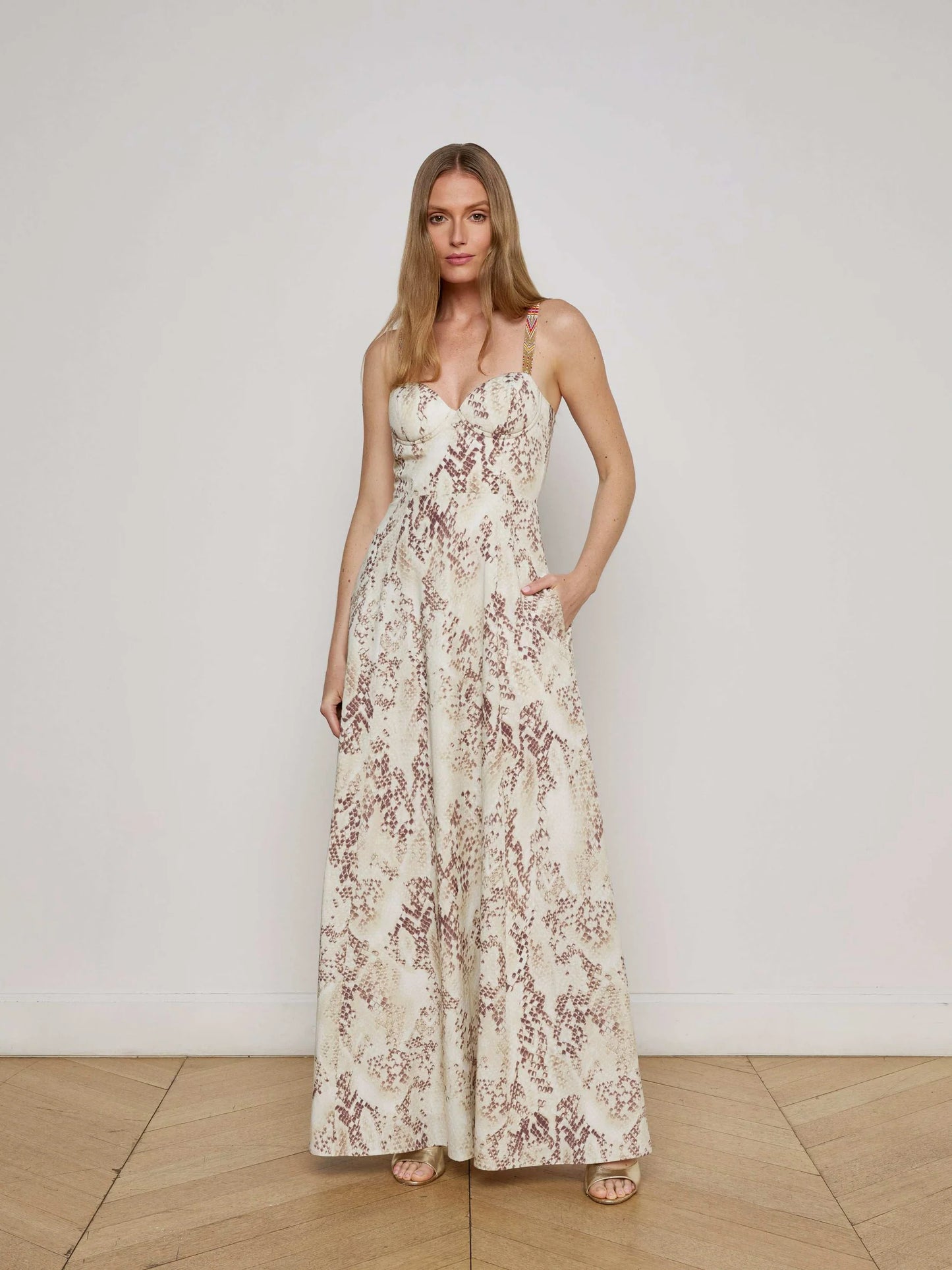 L'AGENCE - Sutton Beaded Strap Maxi Dress - Light Sage Multi Desert Snake