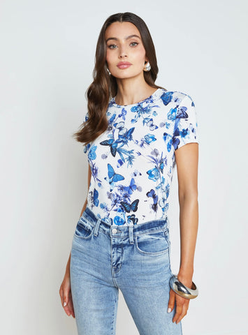 L'AGENCE - Ressi Fitted Tee - White/Blue Tonal Butterflies