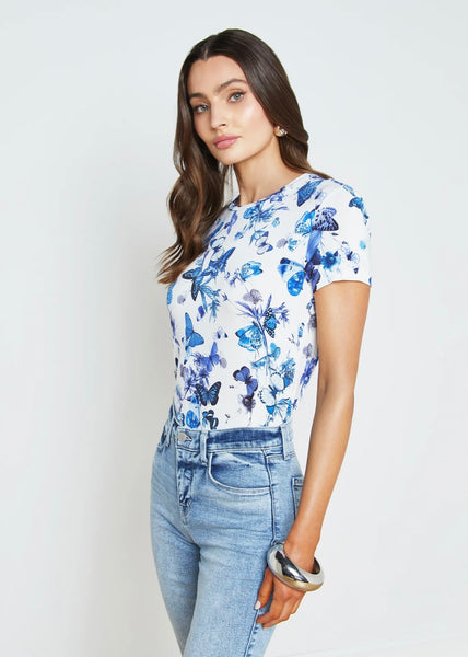 L'AGENCE - Ressi Fitted Tee - White/Blue Tonal Butterflies