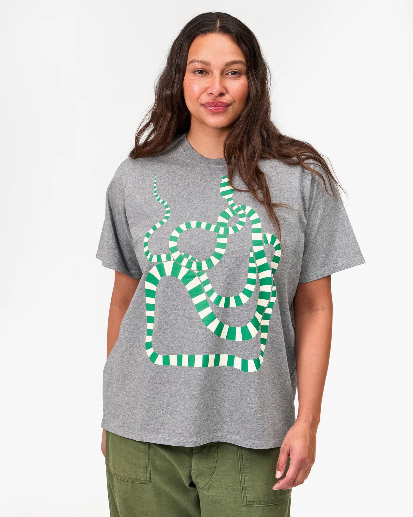 Clare V. - Original Tee - Grey Melange w/ Green Apple/Cream Snake