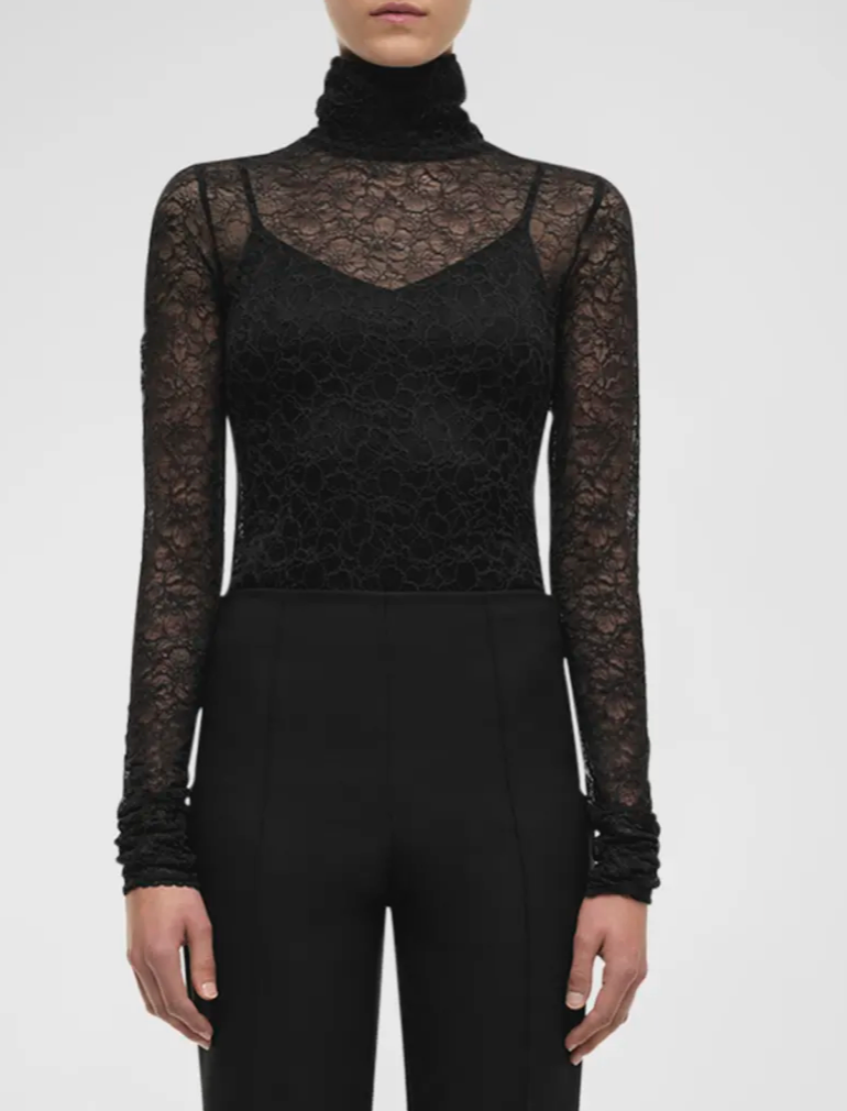 SIMKHAI Zurie Lace Turtleneck Long Sleeve Combo Bodysuit Black