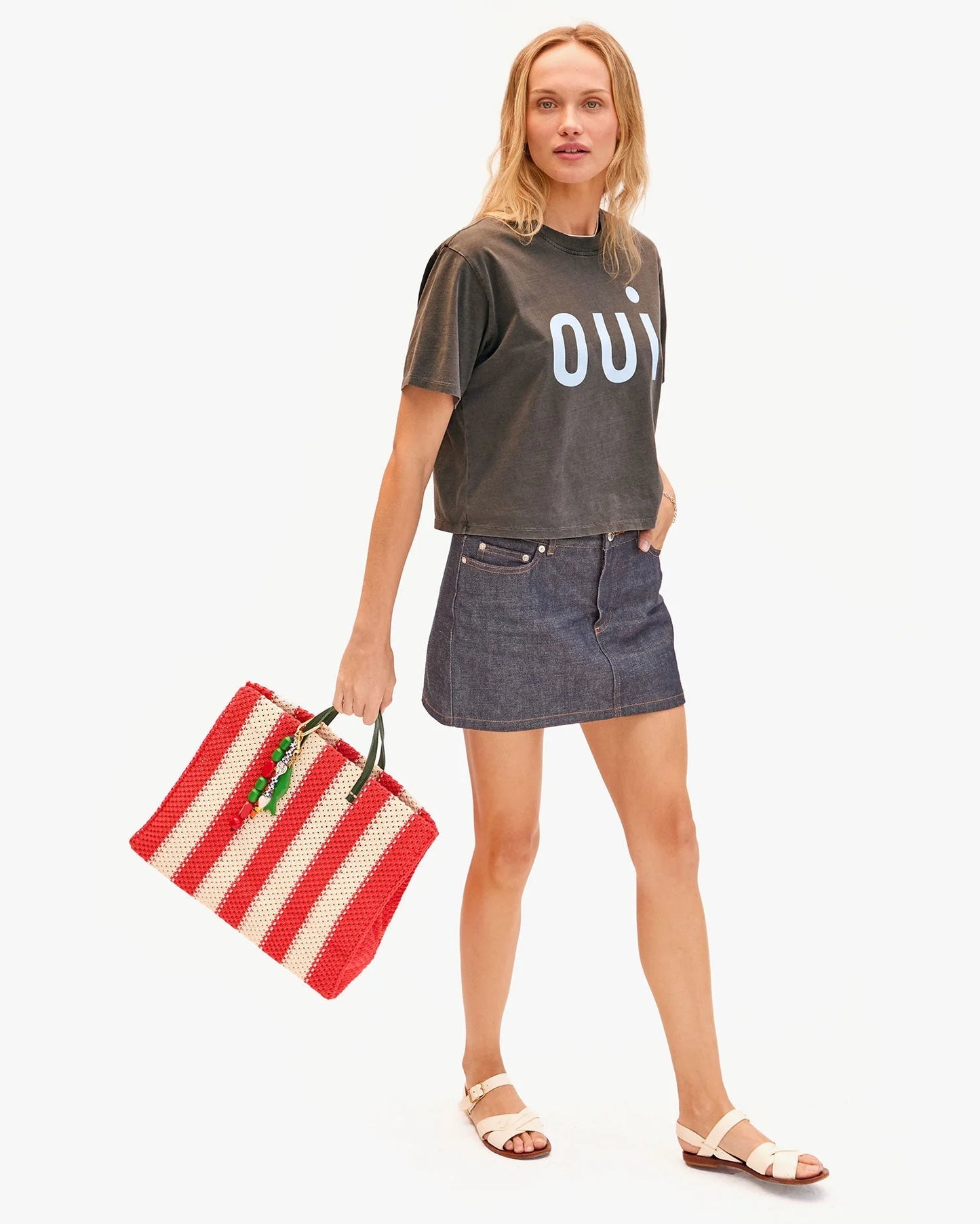 Clare V. - Summer Simple Tote - Cream/Bright Poppy Crochet Stripe