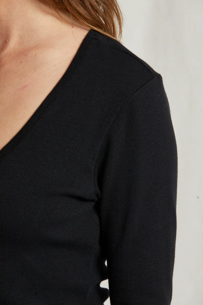 Perfect White Tee - Kitt Structured Rib V-Neck Long Sleeve Top - True Black