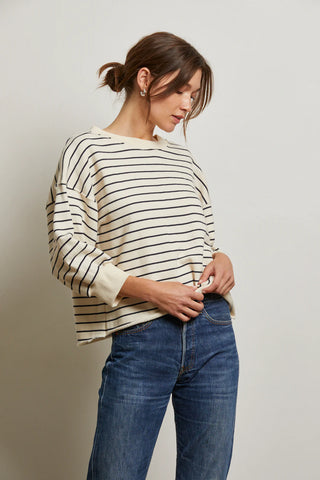 Perfect White Tee - Niall French Terry Pullover - Natural Night Stripe
