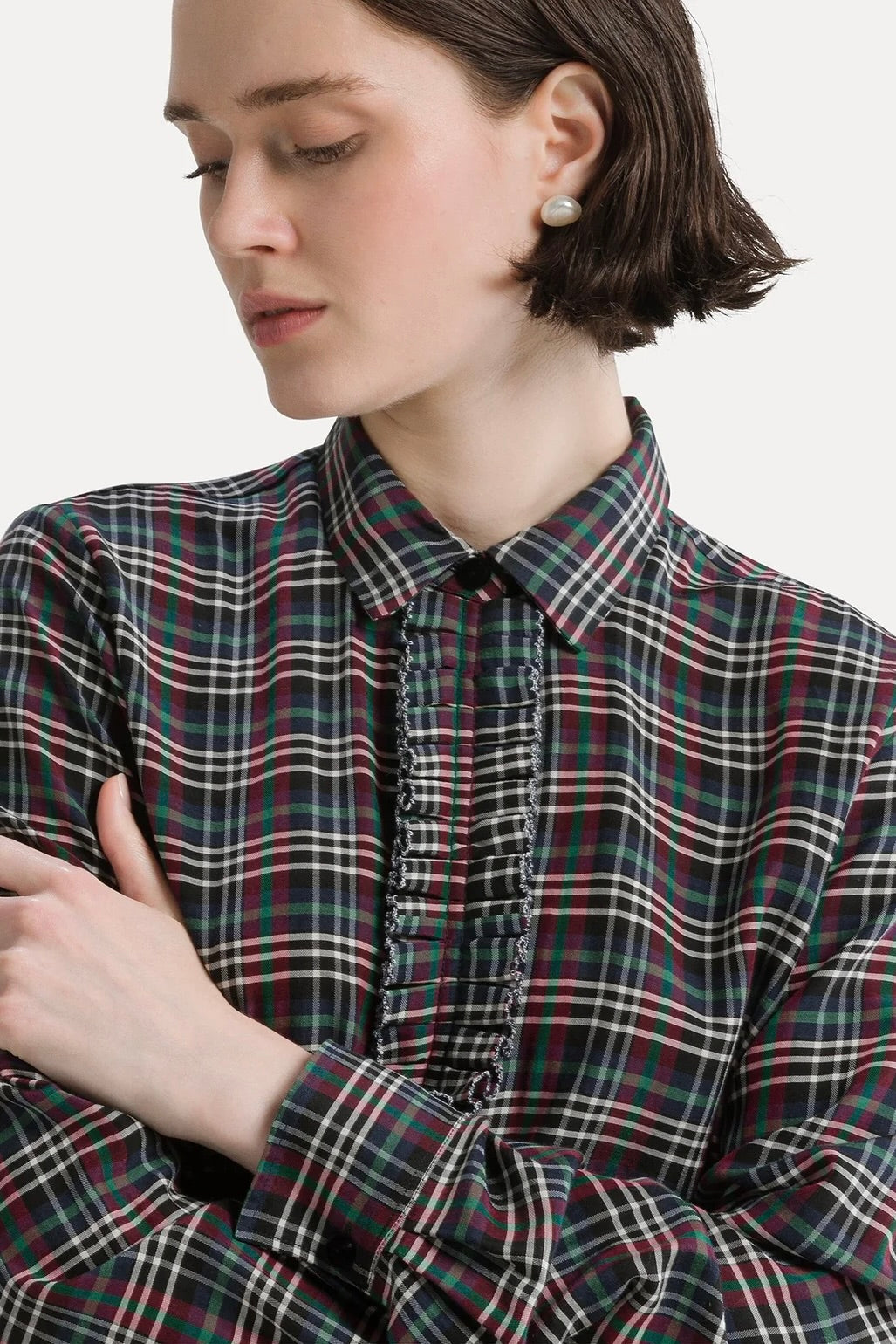 tartan light voile shirt with rouches