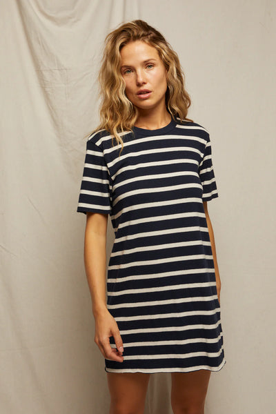 Perfect White Tee - Rhett Cotton Striped Dress - Navy Natural Stripe