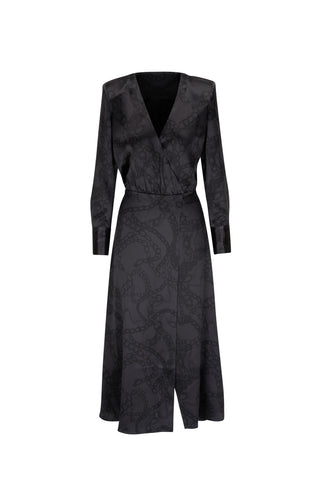 L'AGENCE - Gianni Silk Faux Wrap Midi Dress - Black Chain Jacquard
