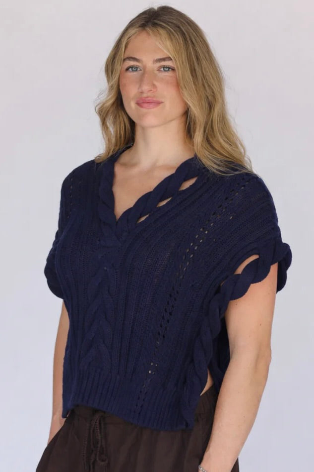 Marie Cable Short Sleeve V-Neck