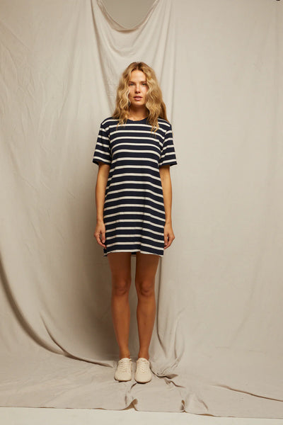 Perfect White Tee - Rhett Cotton Striped Dress - Navy Natural Stripe