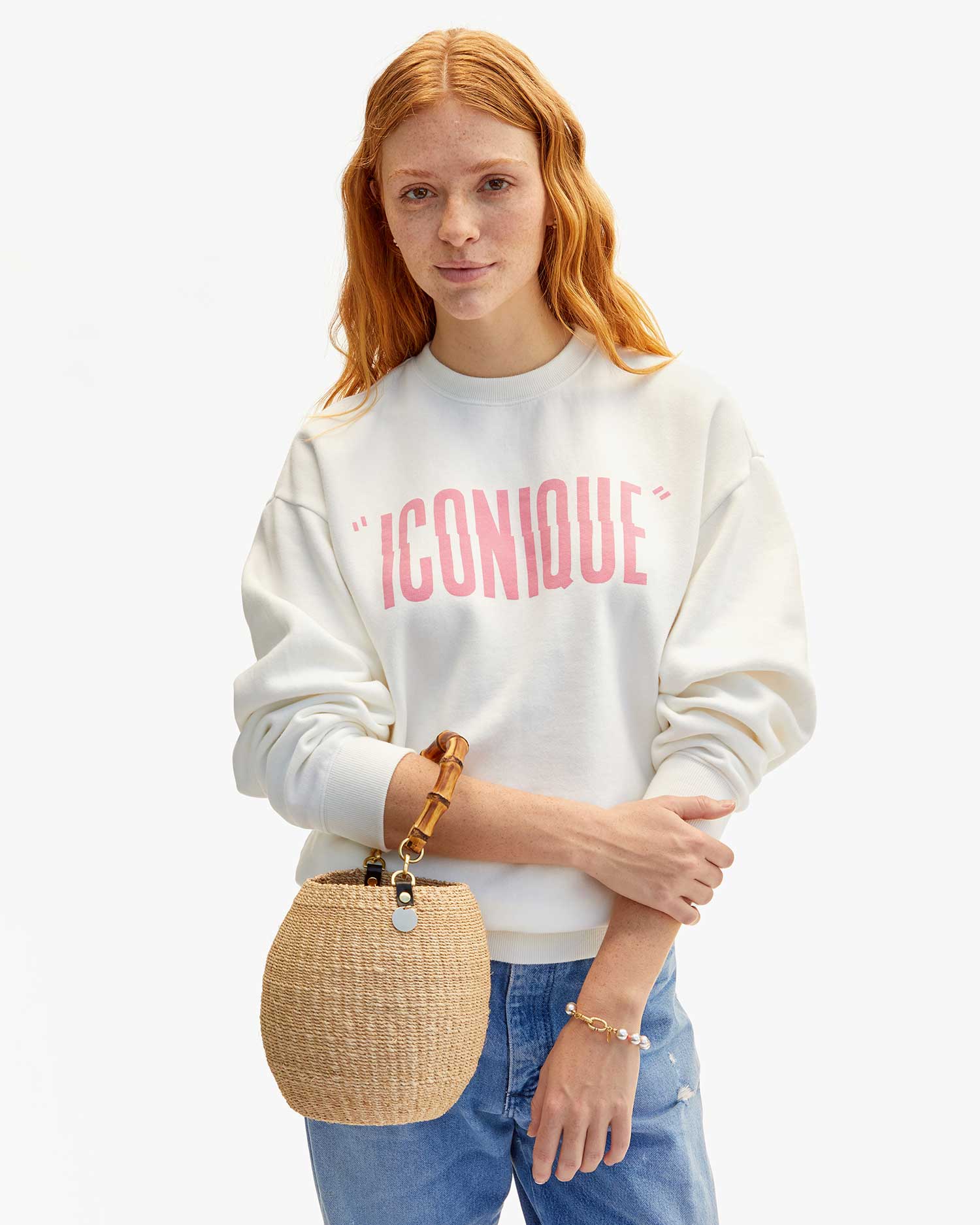Clare V. - Oversized Sweatshirt - Oyster White w/ Peony Iconique