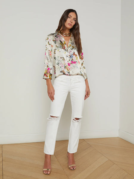 L'AGENCE - Dani Silk Blouse - Vintage White Multi Charonda Butterfly