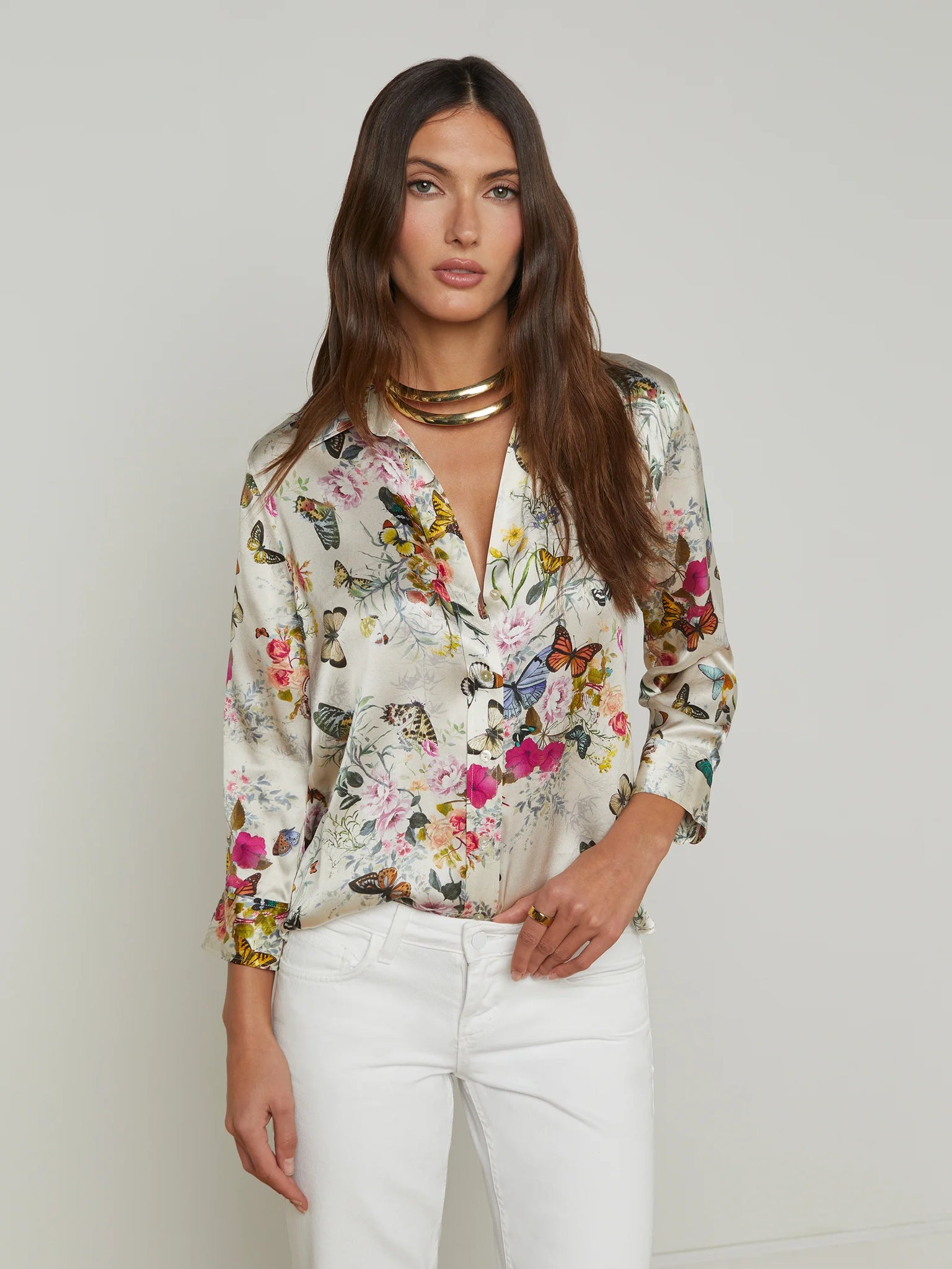 L'AGENCE - Dani Silk Blouse - Vintage White Multi Charonda Butterfly