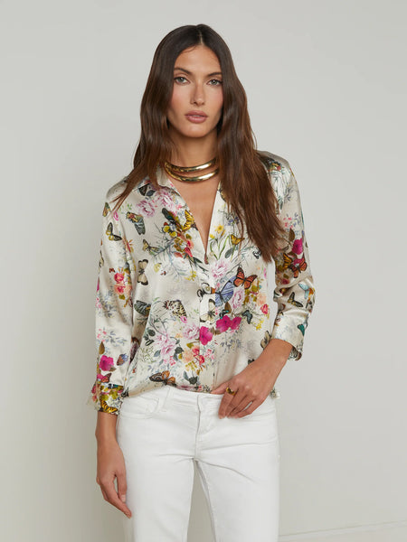 L'AGENCE - Dani Silk Blouse - Vintage White Multi Charonda Butterfly