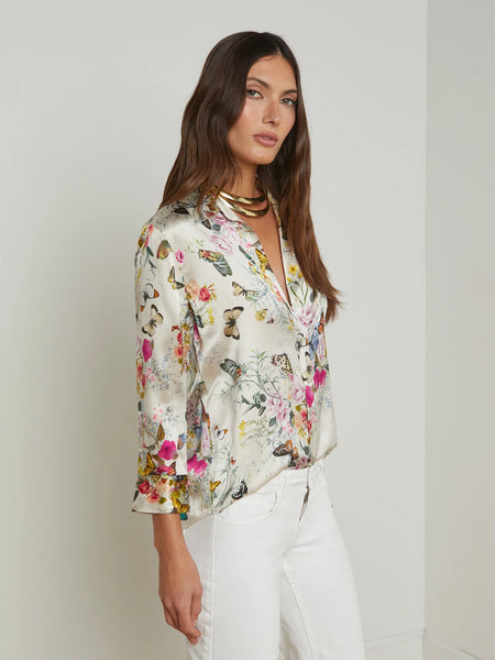 L'AGENCE - Dani Silk Blouse - Vintage White Multi Charonda Butterfly