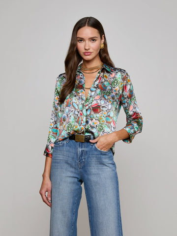 L'AGENCE - Dani Silk Blouse - Multi Mix Turquoise Rings