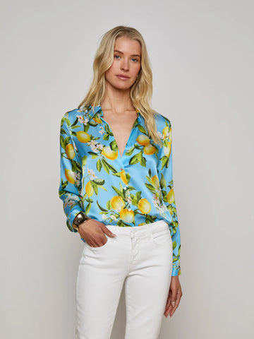 L'AGENCE - Tyler Silk Blouse - Sky Blue/Yellow Floral Lemon