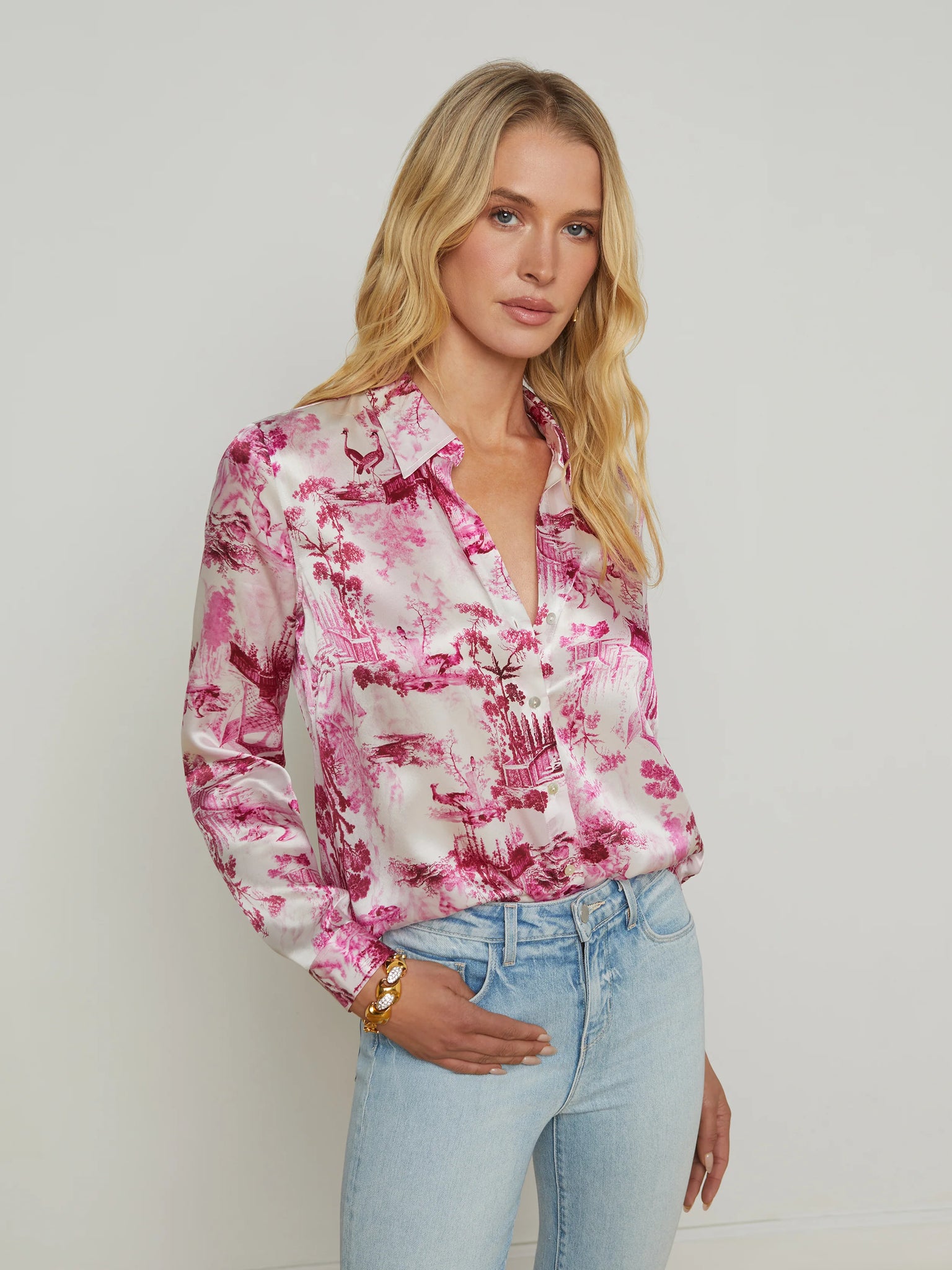 L'AGENCE - Tyler Silk Blouse - White/Pink Small Porcelain Toile
