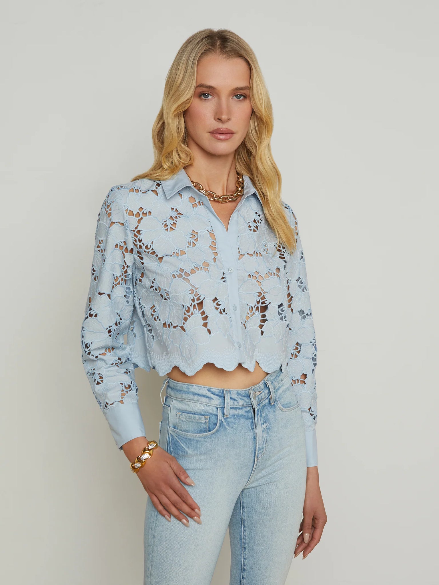 L'AGENCE - Seychelle Lace Cropped Blouse - Blue Fog