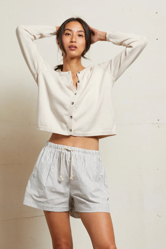 Perfect White Tee - Riley Cotton Poplin Shorts - Ivory Black Stripe