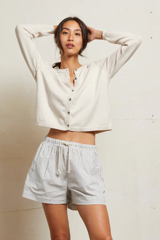 Perfect White Tee - Riley Cotton Poplin Shorts - Ivory Black Stripe