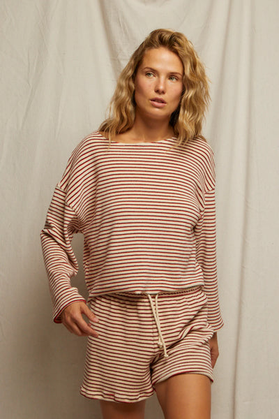 Perfect White Tee - Jace Loop Terry Sweatshort - Poppy Chocolate Stripe