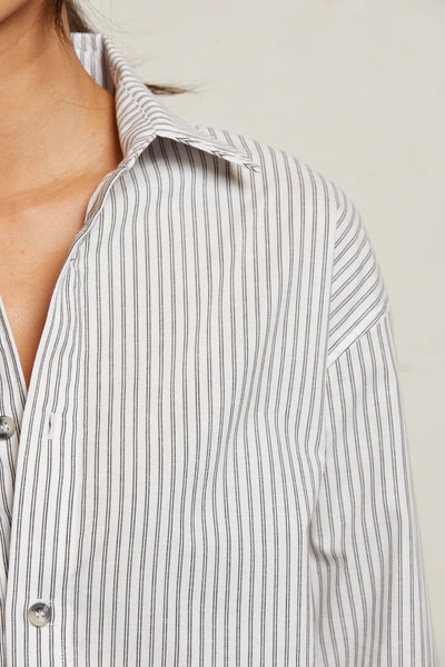 Perfect White Tee - James Cotton Poplin Button Down - Ivory Black Stripe