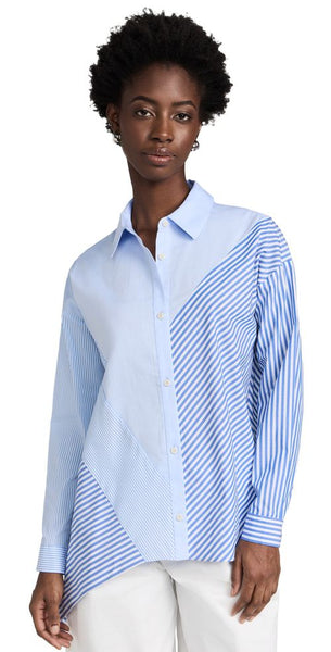 NAADAM - Cotton Asymmetrical Stripe Mix Shirt - Blue Combo