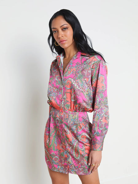 L'AGENCE - Demetria Mini Shirt Dress - Rhodamine Multi Bright Pop Paisley