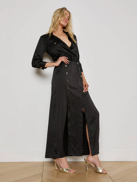 L'AGENCE - Uriah Satin Maxi Shirt Dress - Black