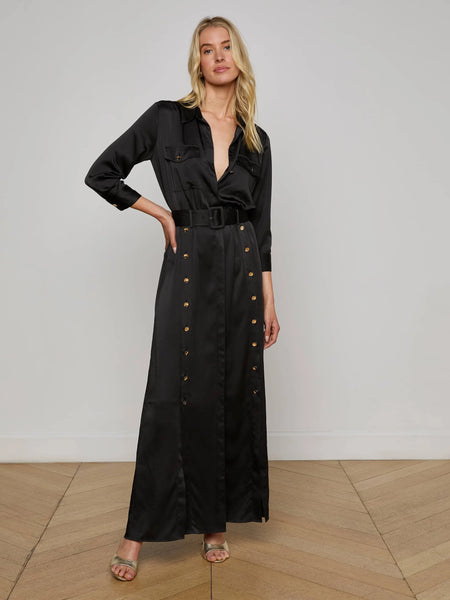 L'AGENCE - Uriah Satin Maxi Shirt Dress - Black