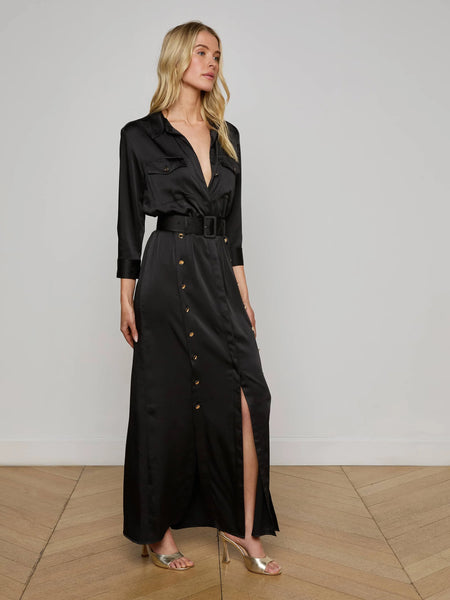 L'AGENCE - Uriah Satin Maxi Shirt Dress - Black