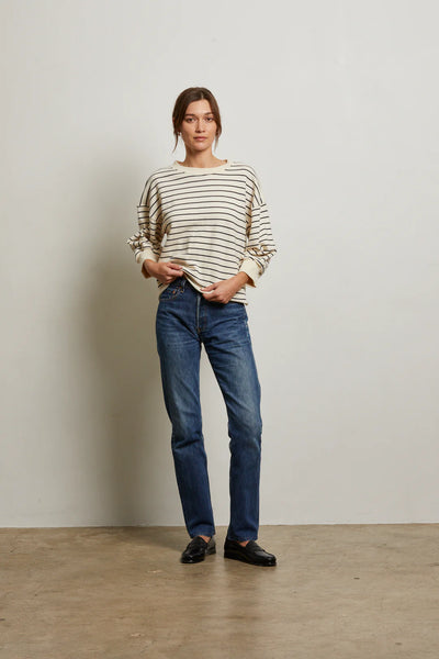 Perfect White Tee - Niall French Terry Pullover - Natural Night Stripe