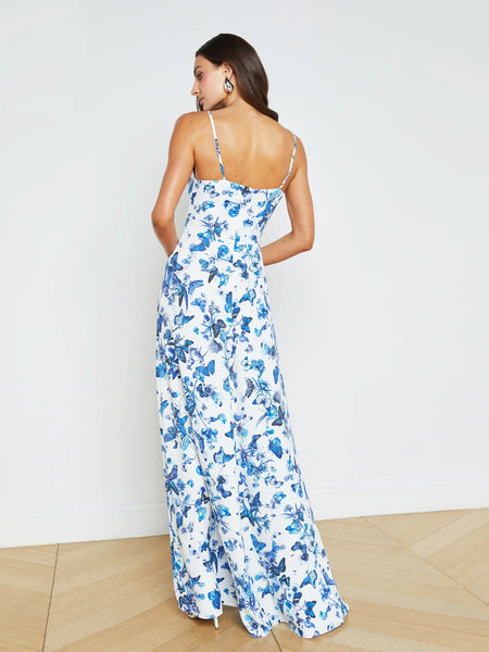 L’AGENCE - Porter Twist-Front Dress - White/Blue Tonal Butterflies