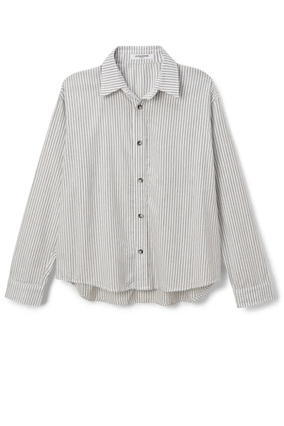 Perfect White Tee - James Cotton Poplin Button Down - Ivory Black Stripe