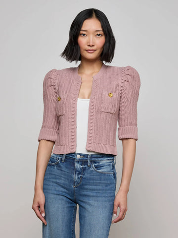 L'AGENCE - Delilah Cropped Cardigan - Light Mauve/Gold