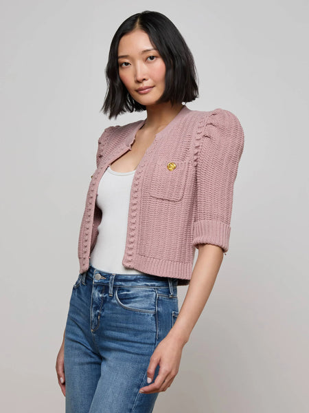 L'AGENCE - Delilah Cropped Cardigan - Light Mauve/Gold