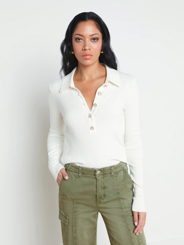 L'AGENCE - Sterling Silk-Cotton Blend Sweater - Ivory/Jewel Button