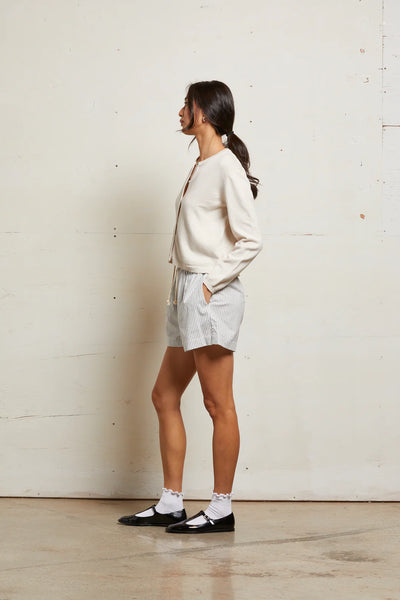 Perfect White Tee - Riley Cotton Poplin Shorts - Ivory Black Stripe