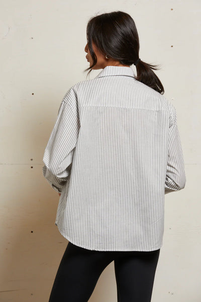 Perfect White Tee - James Cotton Poplin Button Down - Ivory Black Stripe