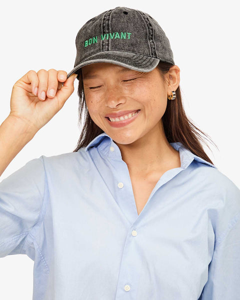 Clare V. - Baseball Hat - Faded Black Denim Embroidered Bon Vivant