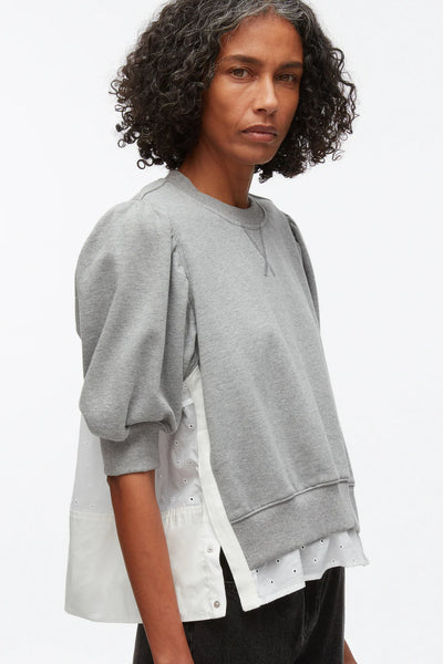 3.1 Phillip Lim - Puff Sleeve Sweatshirt with Voile Combo - Grey Melange/Ivory