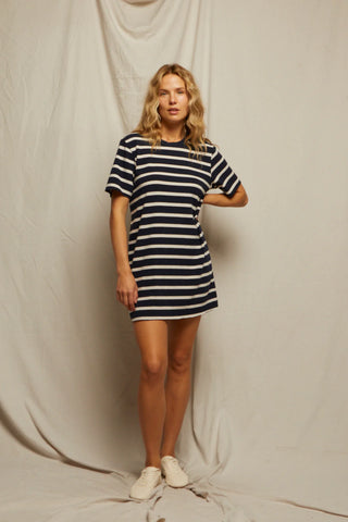 Perfect White Tee - Rhett Cotton Striped Dress - Navy Natural Stripe