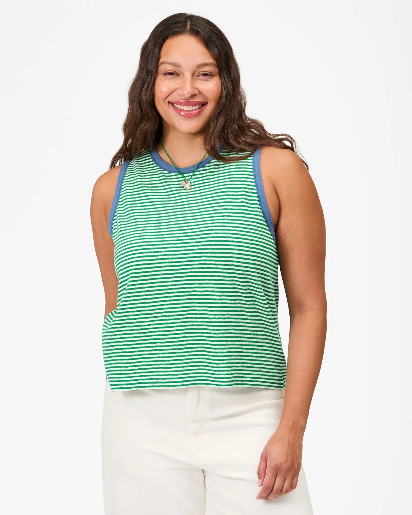 Clare V. - Camp Fit Tank - Green/Cream Mini Stripe
