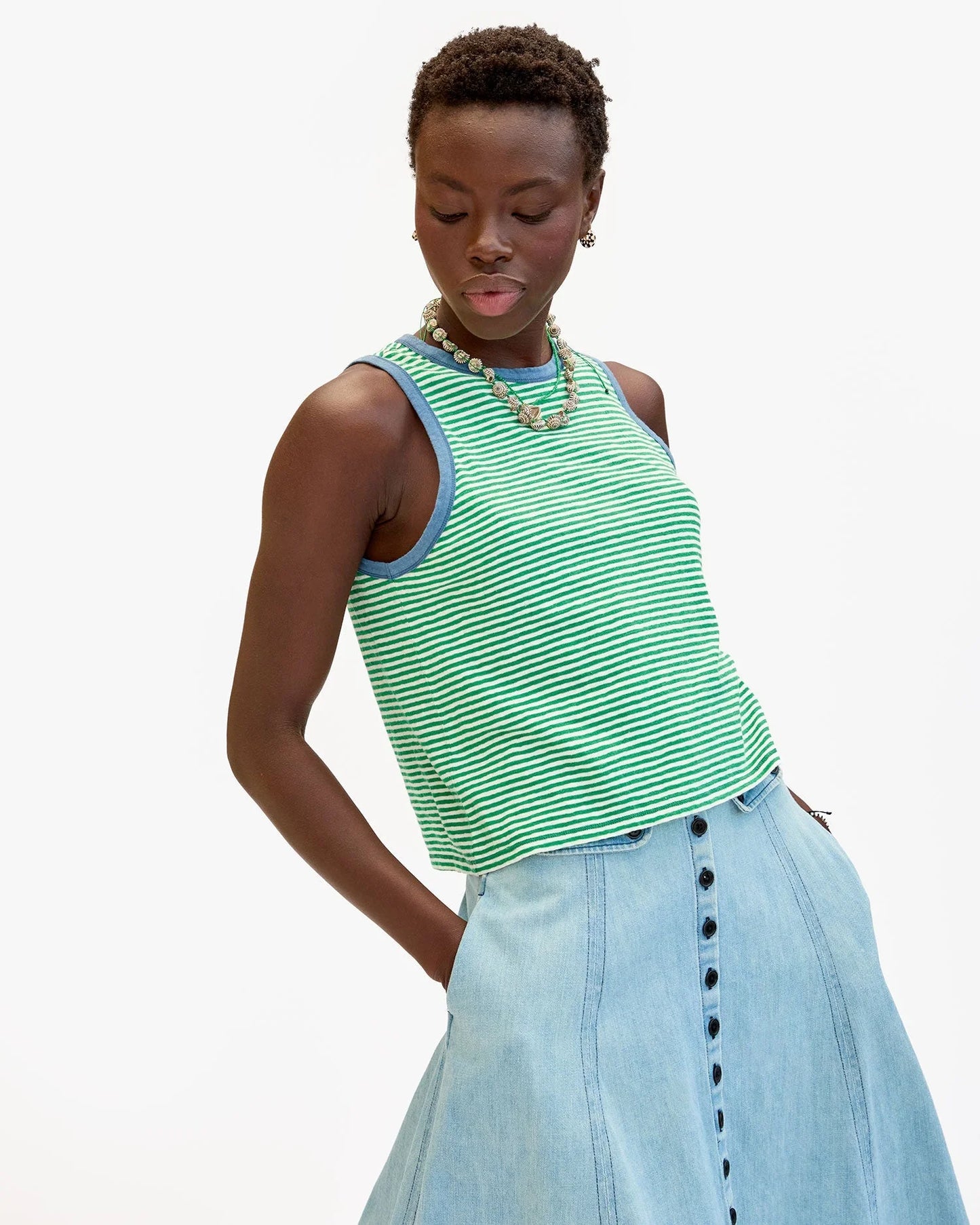 Clare V. - Camp Fit Tank - Green/Cream Mini Stripe