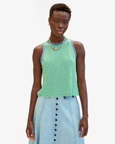 Clare V. - Camp Fit Tank - Green/Cream Mini Stripe