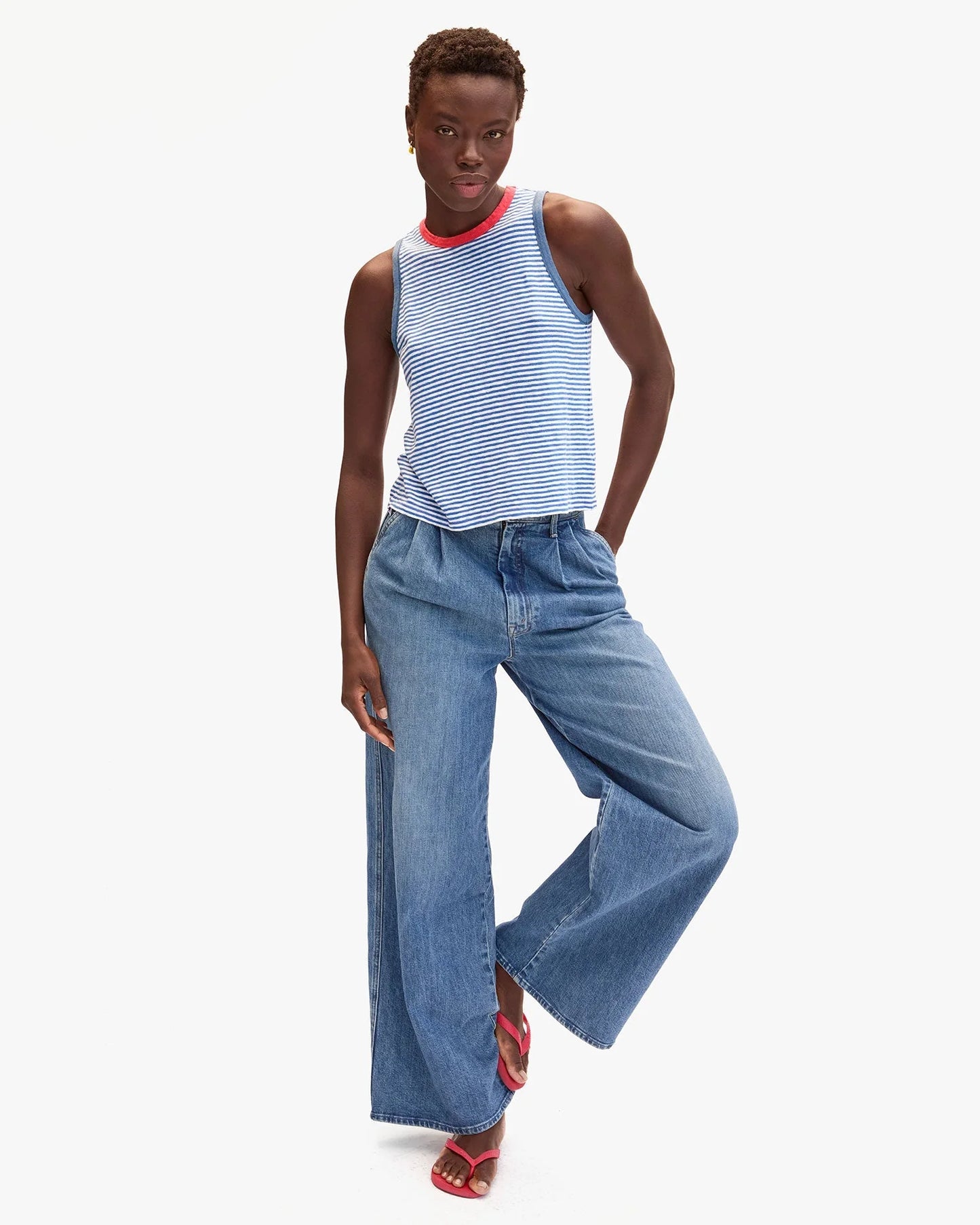 Clare V. - Camp Fit Tank - Blue/Cream Mini Stripe