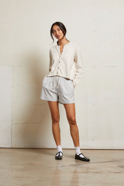Perfect White Tee - Riley Cotton Poplin Shorts - Ivory Black Stripe