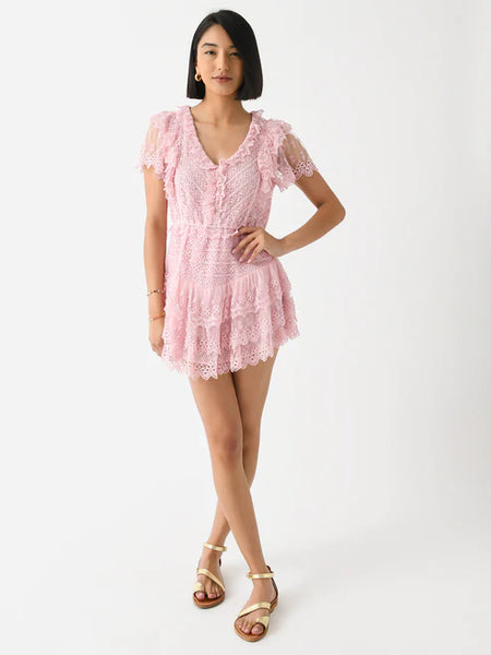 LoveShackFancy - Cerilo Tiered Ruffle Embroidered Lace Mini Dress - Pink Mystique